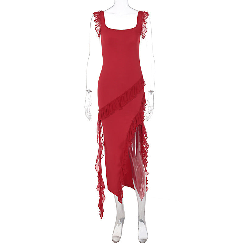 Damen asymmetrisches Maxi-Kleid mit Rüschendetails und hohem Schlitz Drune