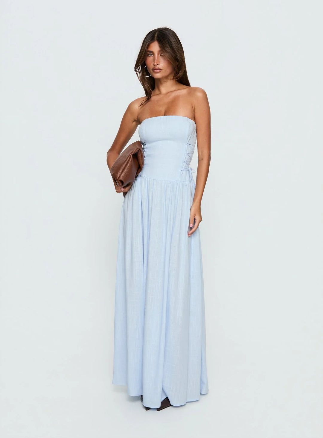 Damen Maxi-Kleid mit schulterfreiem Design und seitlichen Rüschendetails Drune