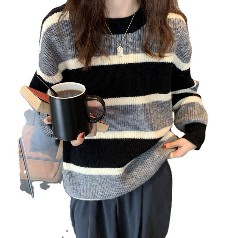 Damen lässiger Strickpullover mit modernen Streifen Drune