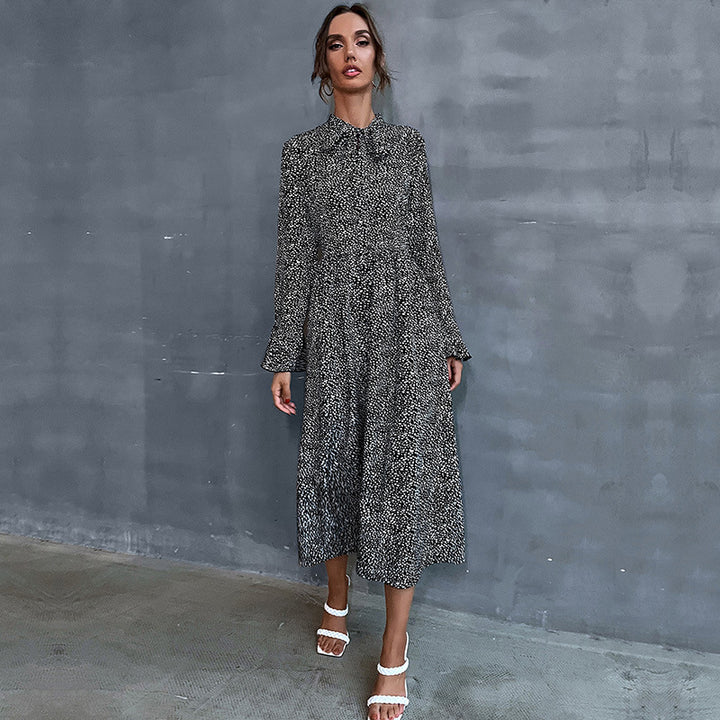 Damen Midikleid mit Stehkragen und Bindeschleife, Langarm A‑Linie mit feinem Pünktchenmuster Drune