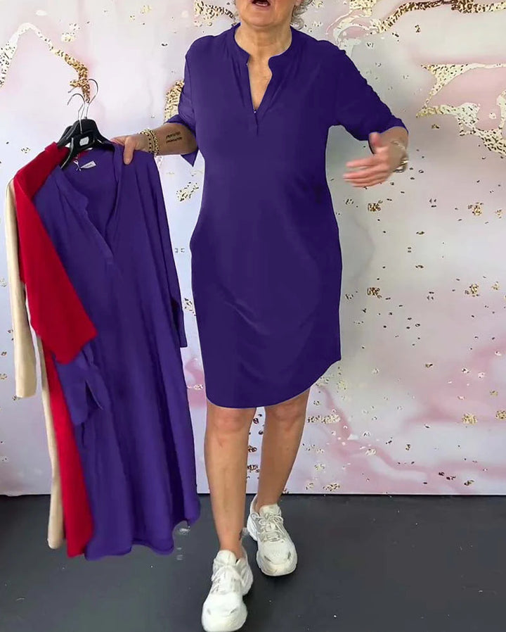 Damen nan knielanges legeres Jerseykleid mit Stehkragen und V-Ausschnitt Drune
