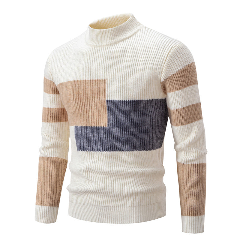 Herren Grobstrick-Pullover mit Stehkragen und kontrastierendem Blockstreifenmuster Drune
