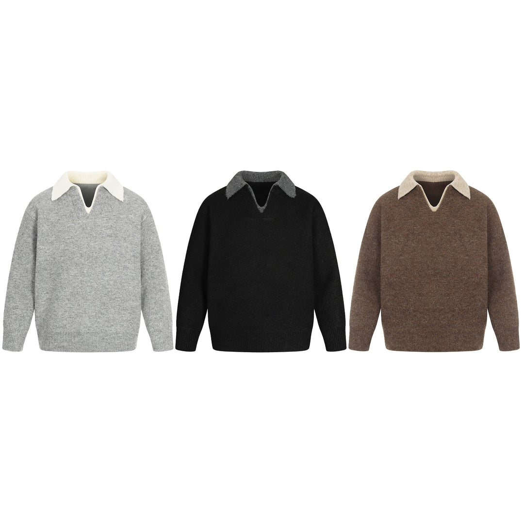 Damen Oversize Wollmix-Pullover mit kontrastpolokragen und V‑Ausschnitt Drune