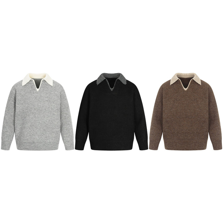 Damen Oversize Wollmix-Pullover mit kontrastpolokragen und V‑Ausschnitt Drune