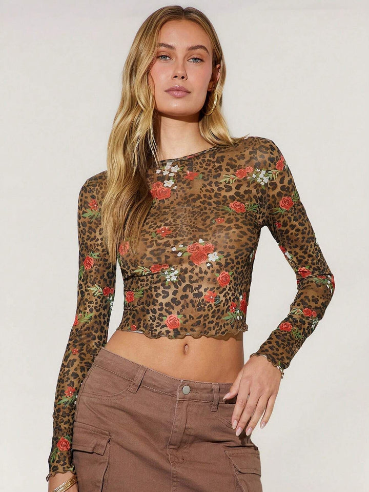 Damen nan feines Mesh-Crop-Top mit Leoparden- und Rosenprint Drune
