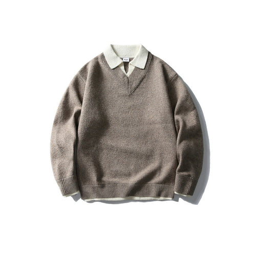 Unisex Oversize-Strickpullover mit kontrastpolokragen und V-Ausschnitt Drune