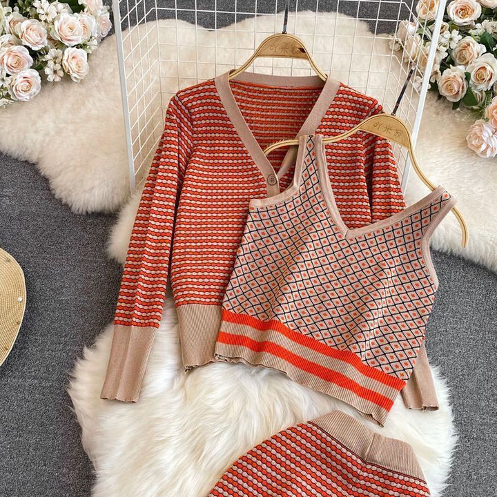 Damen stylisches Strick-Loungewear-Set mit tiefem V-Ausschnitt und weit geschnittenen Hosen Drune