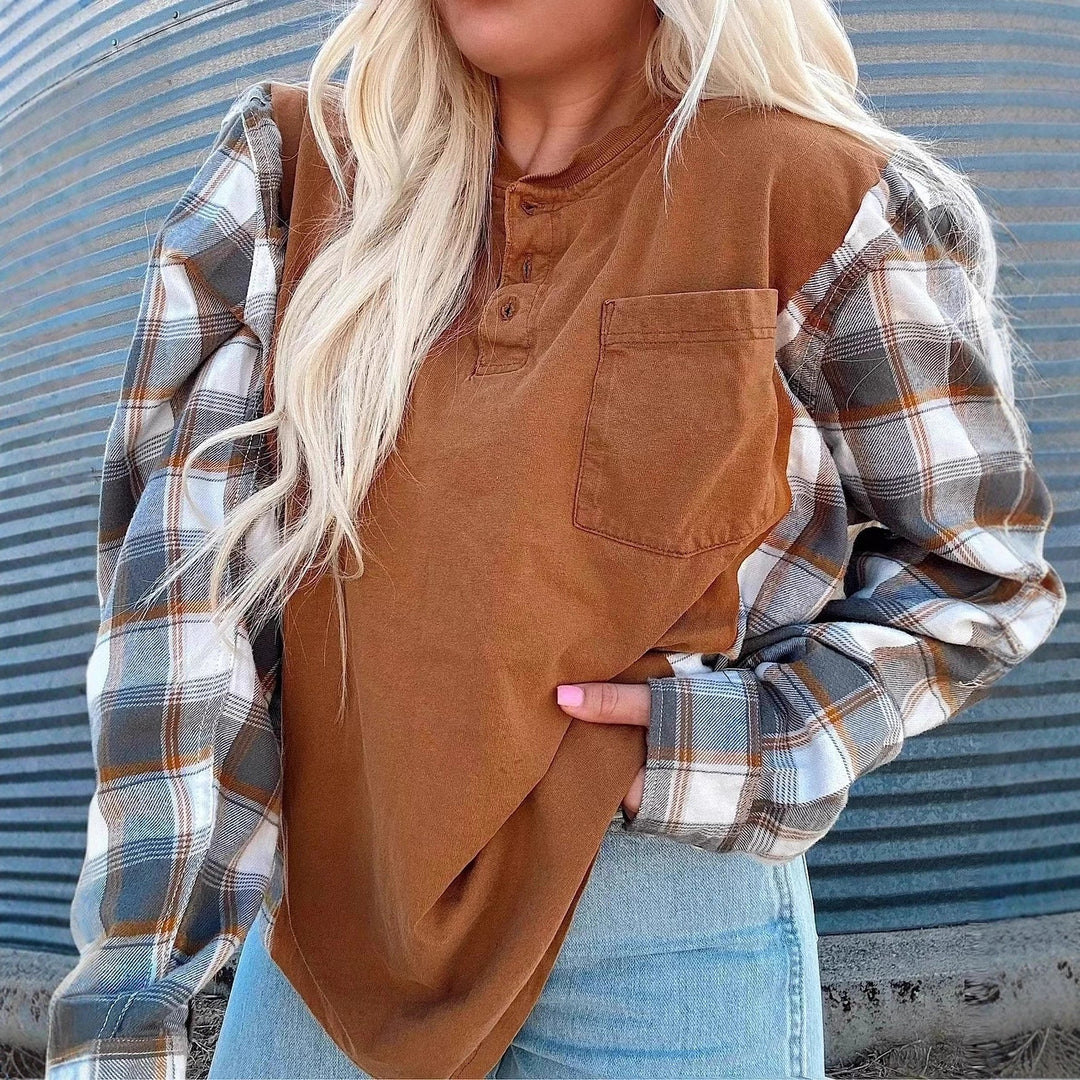 Damen nan weiter Henleypullover im Lagenlook mit karierten Ärmeln und Brusttasche Drune