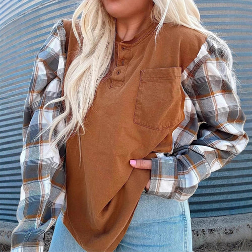Damen nan weiter Henleypullover im Lagenlook mit karierten Ärmeln und Brusttasche Drune