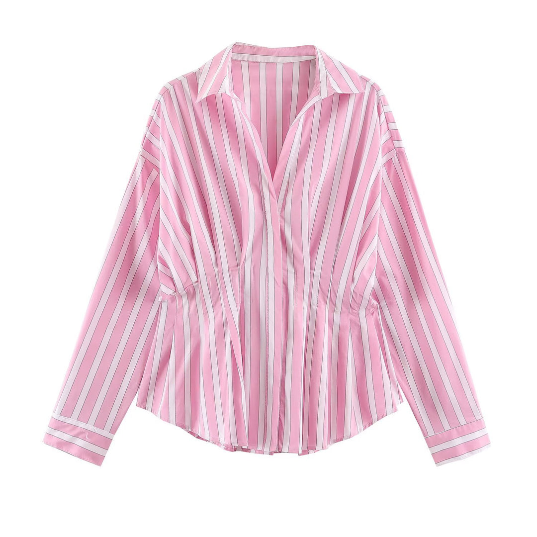 Damen Gestreifte Oversize-Bluse mit taillierenden Raffungen und Hemdkragen Drune
