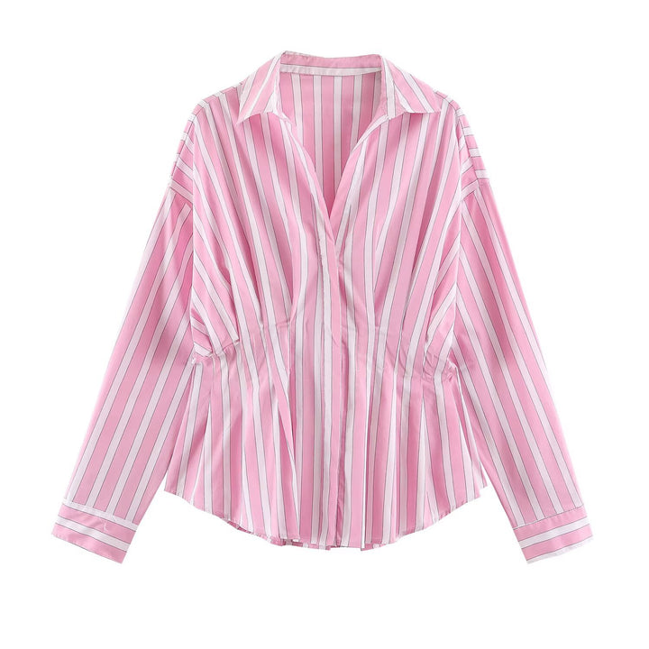 Damen Gestreifte Oversize-Bluse mit taillierenden Raffungen und Hemdkragen Drune