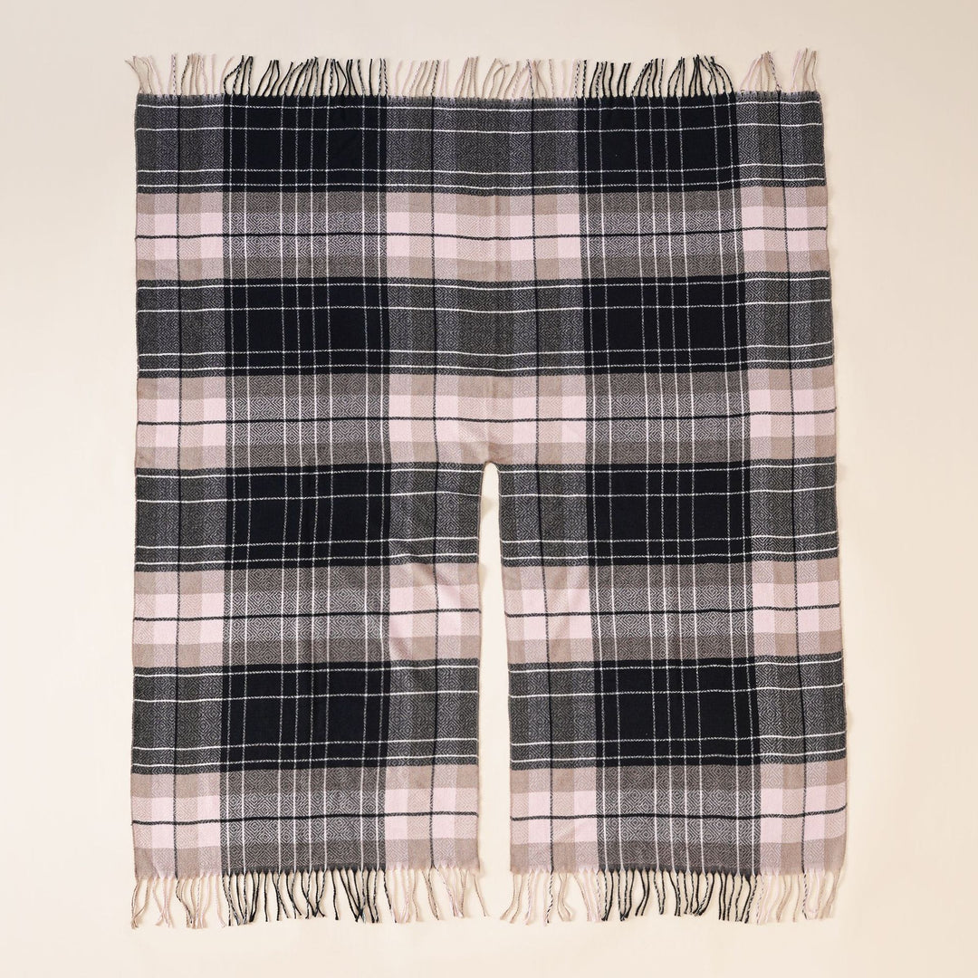 Damen Oversize-Wickelruana im Blockkaro mit Fransen-Detail Drune