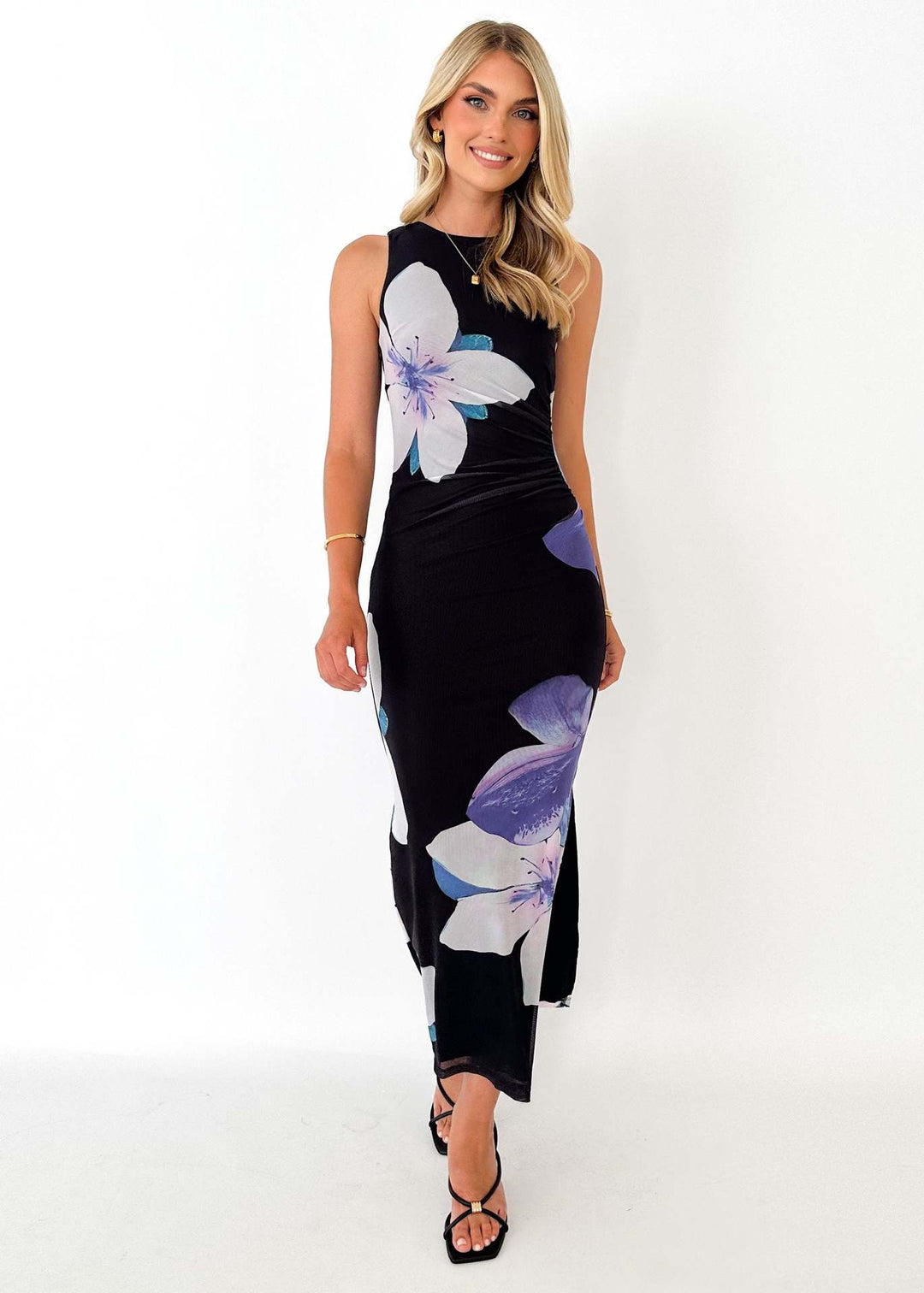 Damen Elegantes Bodenlanges Kleid mit modernem Aquarellmuster und figurbetontem Schnitt Drune