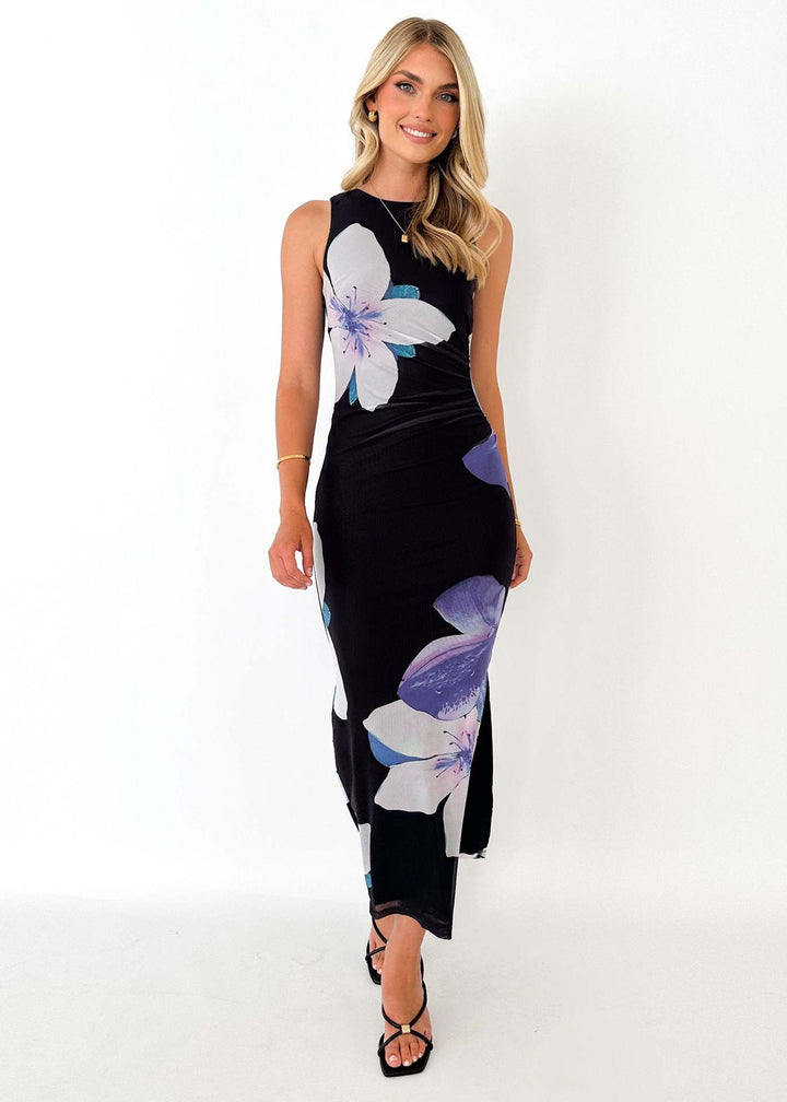 Damen Elegantes Bodenlanges Kleid mit modernem Aquarellmuster und figurbetontem Schnitt Drune