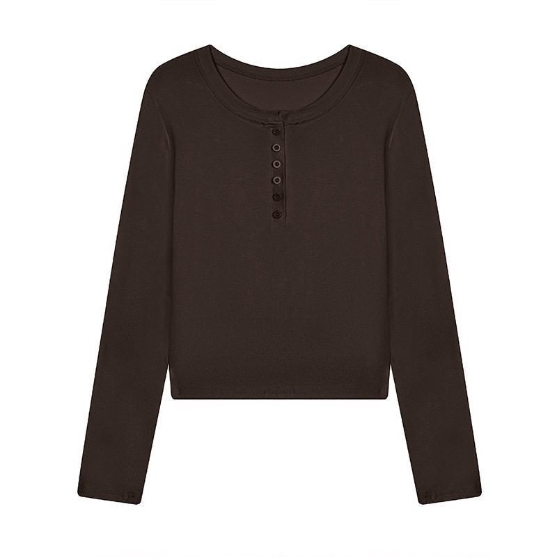 Damen Kurz geschnittenes Henley Langarmshirt aus Baumwolljersey mit Knopfleiste Drune
