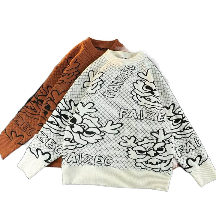 Unisex Oversized Jacquard-Strickpullover mit Allover-Motiv und Rippbündchen Drune