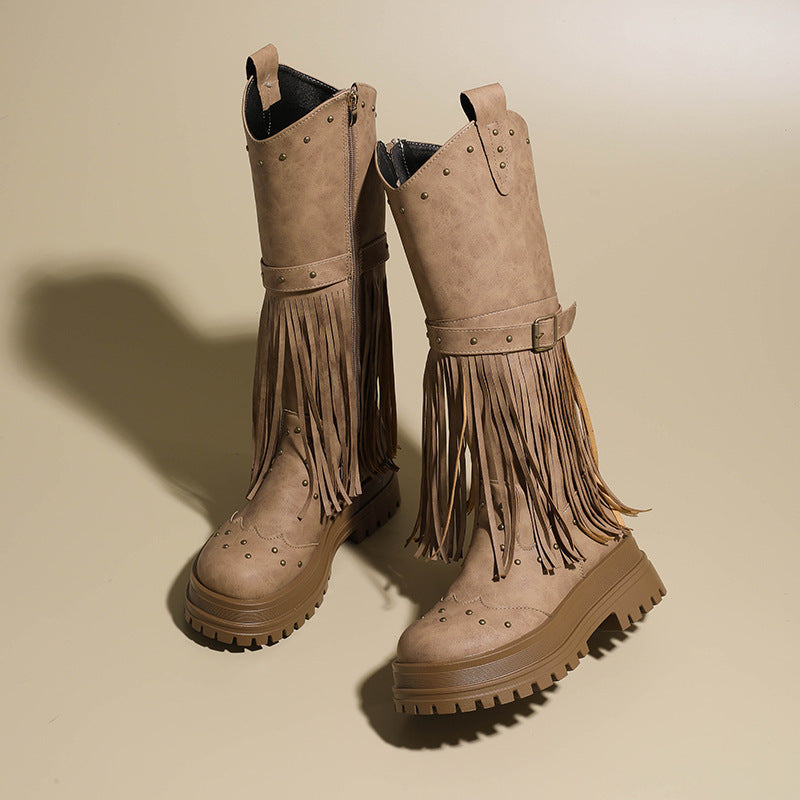 Damen Overknee-Stiefel mit modischem Fransen-Design und robustem Profil Drune