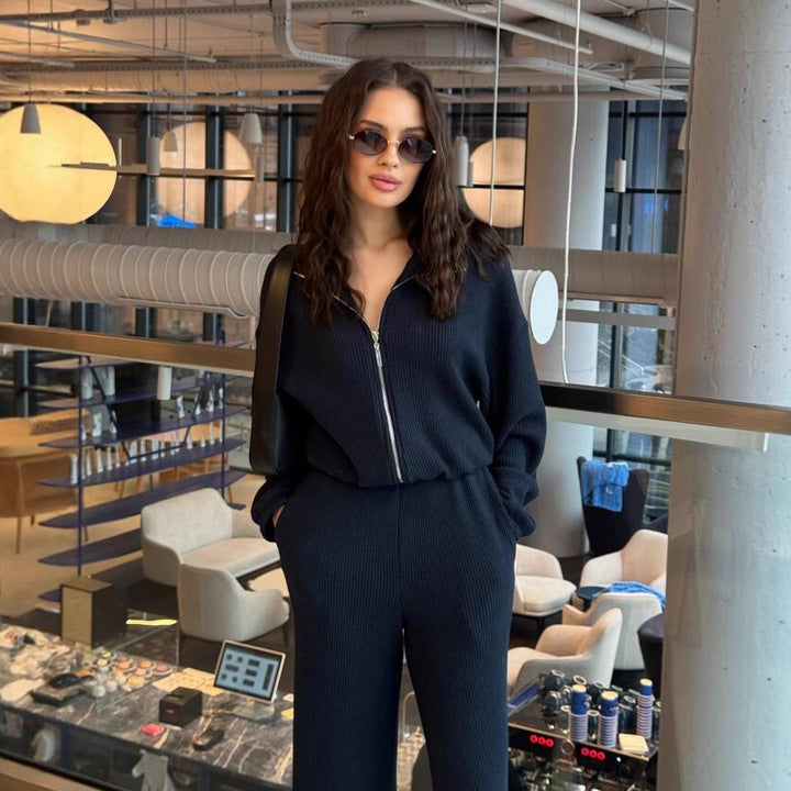 Damen gemütlicher Strick-Jumpsuit mit Reißverschluss, elastischem Taillenbund und weitem Bein Drune
