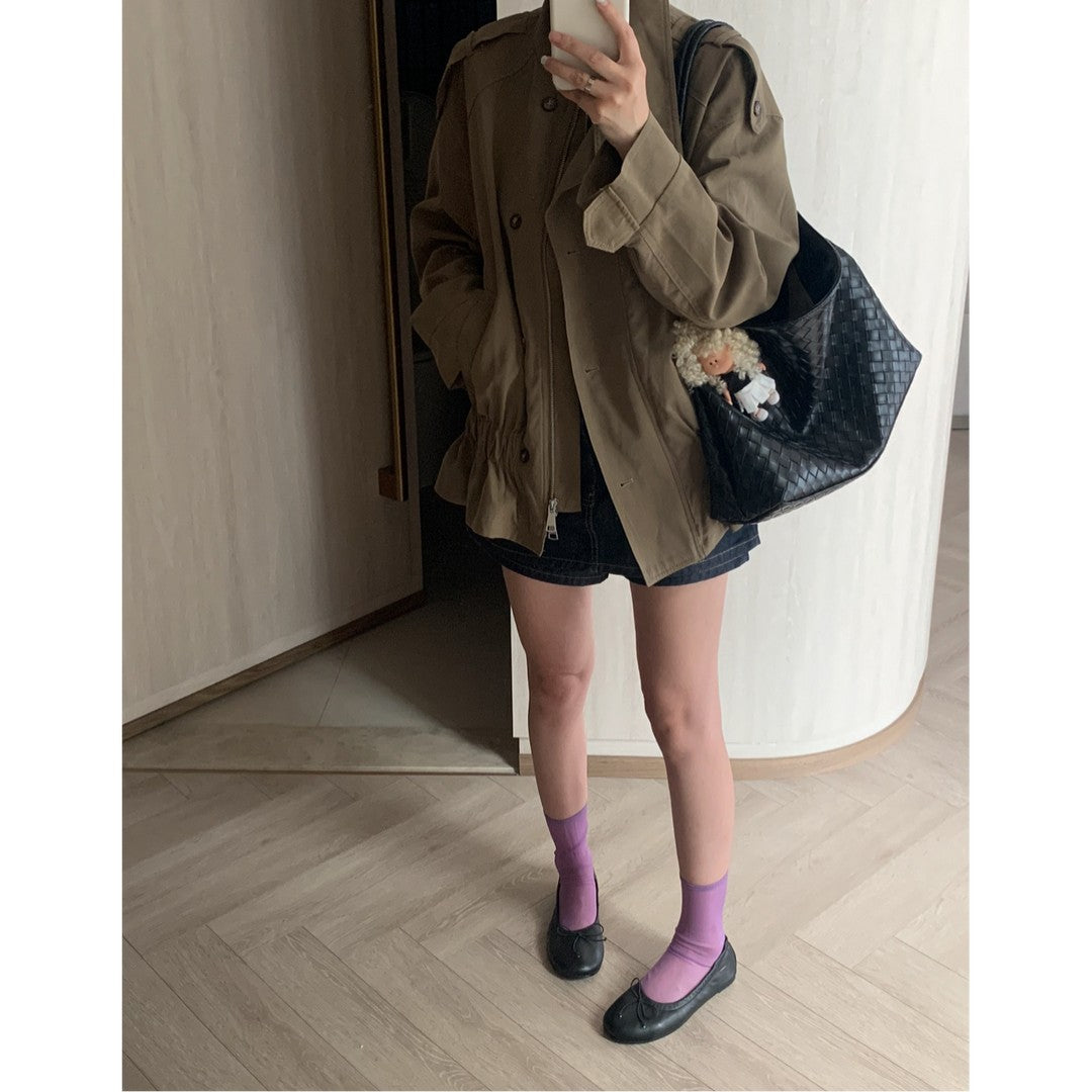 Damen Kurzjacke mit Kordelzug‑Taille, Oversize‑Ärmeln und verdeckter Reißverschluss Drune