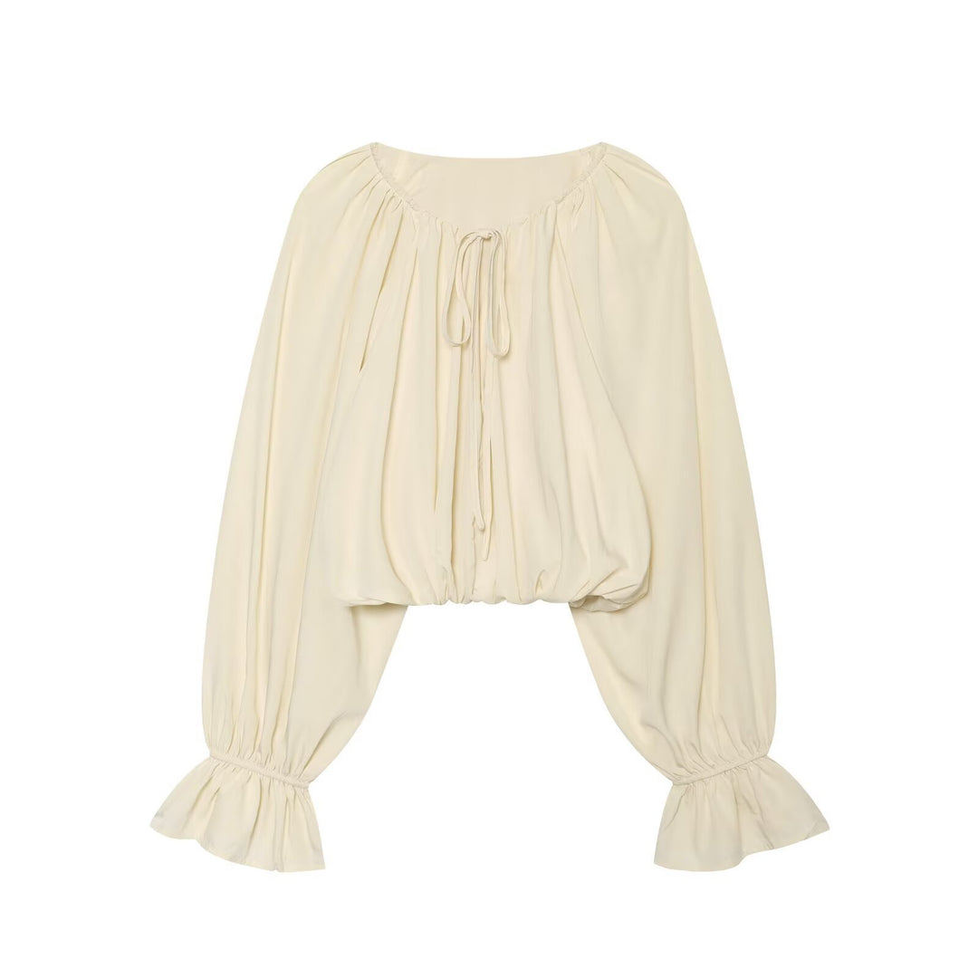 Damen Kurze Bluse im Boho‑Stil mit Tunnelzug, Volantärmeln und gerafftem Saum Drune