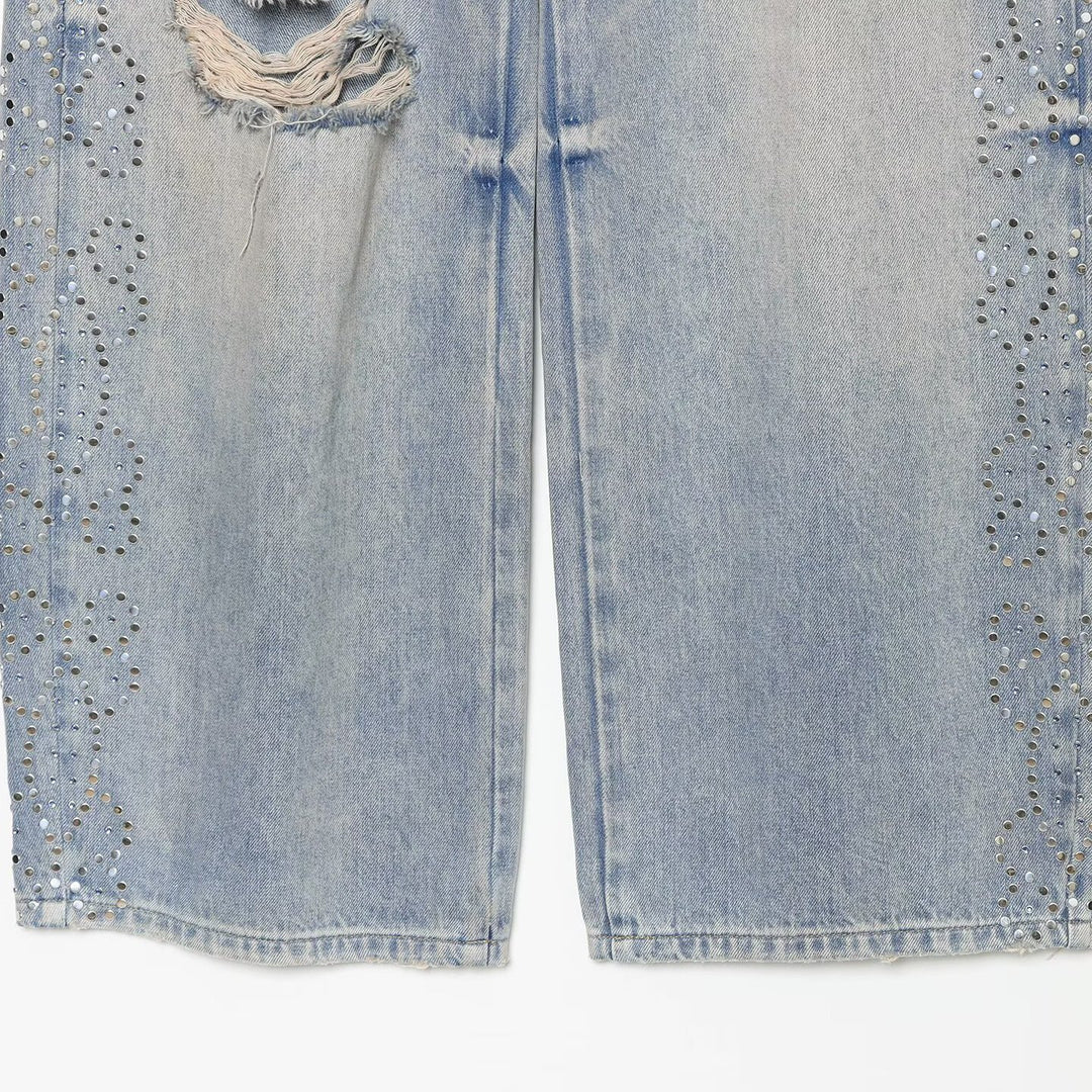 Damen Jeans mit hoher Taille, weitem Bein, Strassbesatz und Destroyed-Details Drune