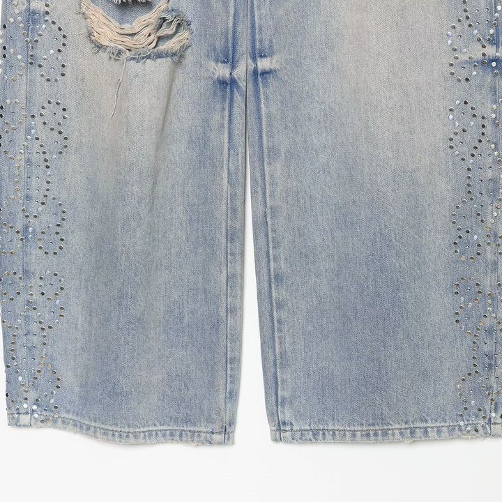 Damen Jeans mit hoher Taille, weitem Bein, Strassbesatz und Destroyed-Details Drune