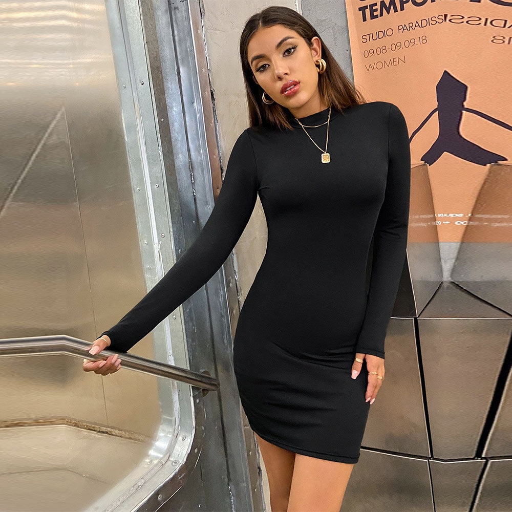 Damen figurbetontes Langarm-Minikleid mit Stehkragen und Sculpting-Jersey Drune