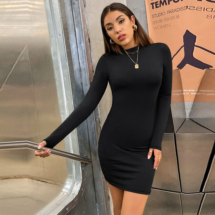Damen figurbetontes Langarm-Minikleid mit Stehkragen und Sculpting-Jersey Drune