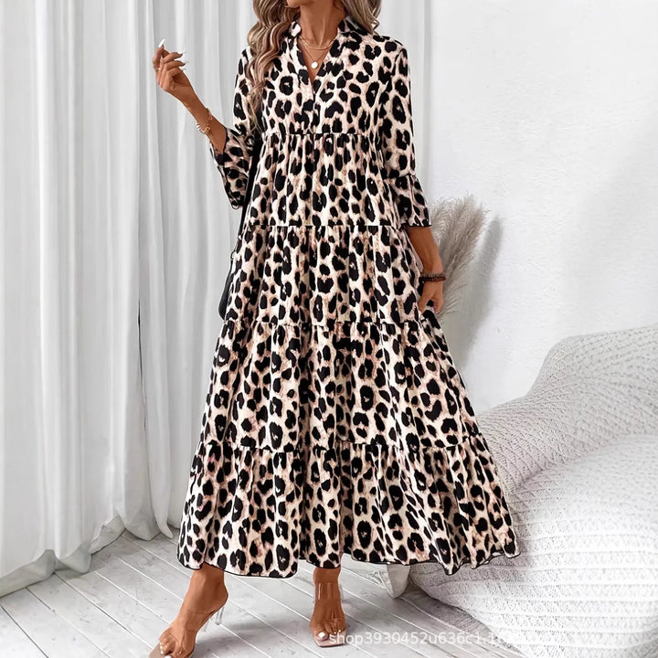 Damen Tiermuster Maxikleid mit voluminösen Puffärmeln Drune