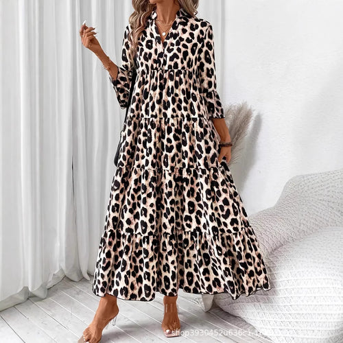 Damen Tiermuster Maxikleid mit voluminösen Puffärmeln Drune