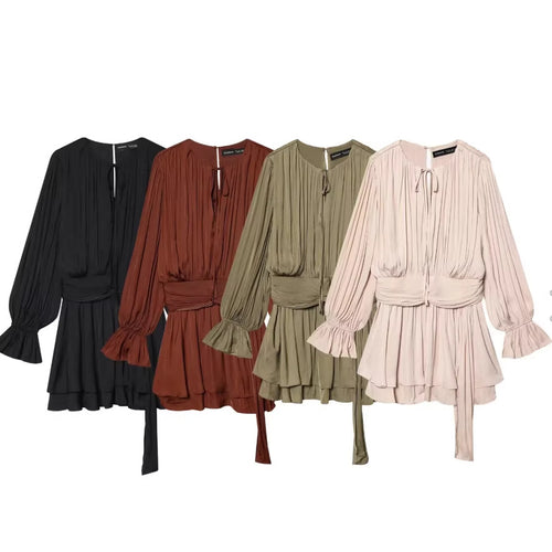 Damen Plissiertes Bindeblouson-Minikleid mit tailliertem Wickelgürtel und Glockenärmeln Drune