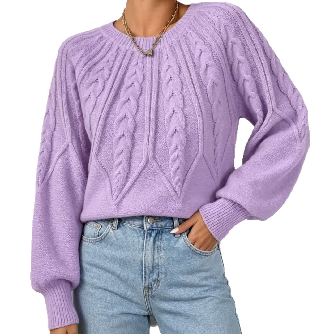 Damen kurzgeschnitteter Grobstrick-Zopfpullover mit Ballonärmeln Drune
