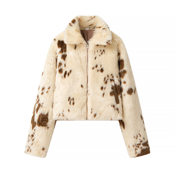 Damen nan cropped Kurzblouson aus Teddy-Kunstfell mit Flecken‑Print, Stehkragen und verdecktem Reißverschluss Drune