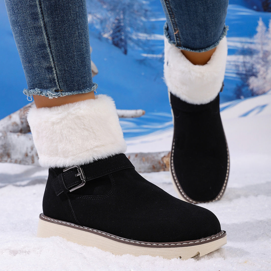 Damen Gefütterte Kurzstiefelette mit Kunstfellkragen, Velours‑Optik und Zierschnalle Drune
