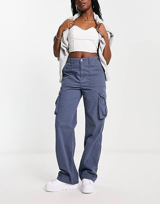 Damen nan weite High-Waist Cargo-Hose mit aufgesetzten Pattentaschen und geradem Bein Drune