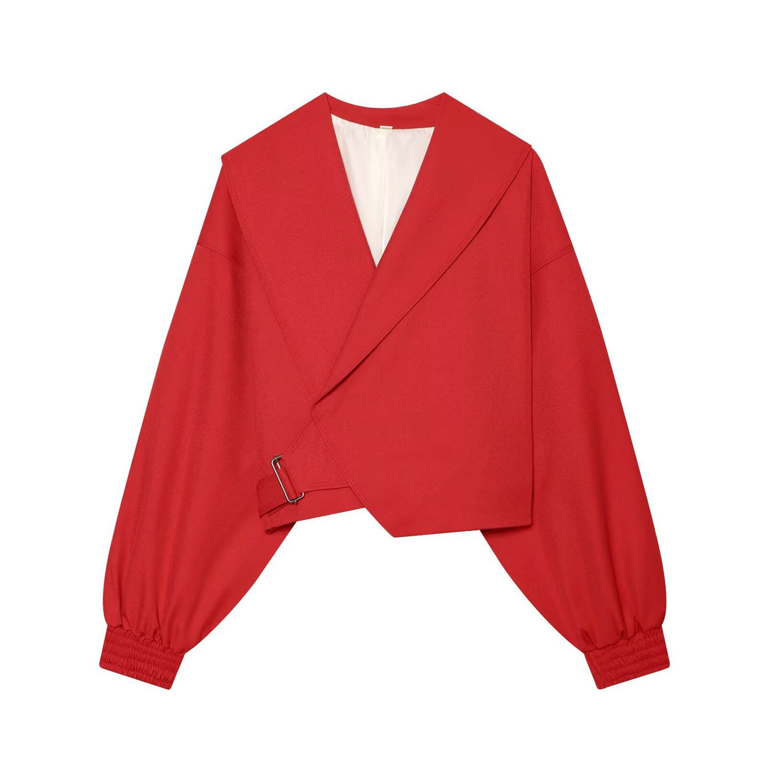 Damen Kurze Wickeljacke mit weitem Schalkragen, taillierendem Schnallenband und Ballonärmeln Drune