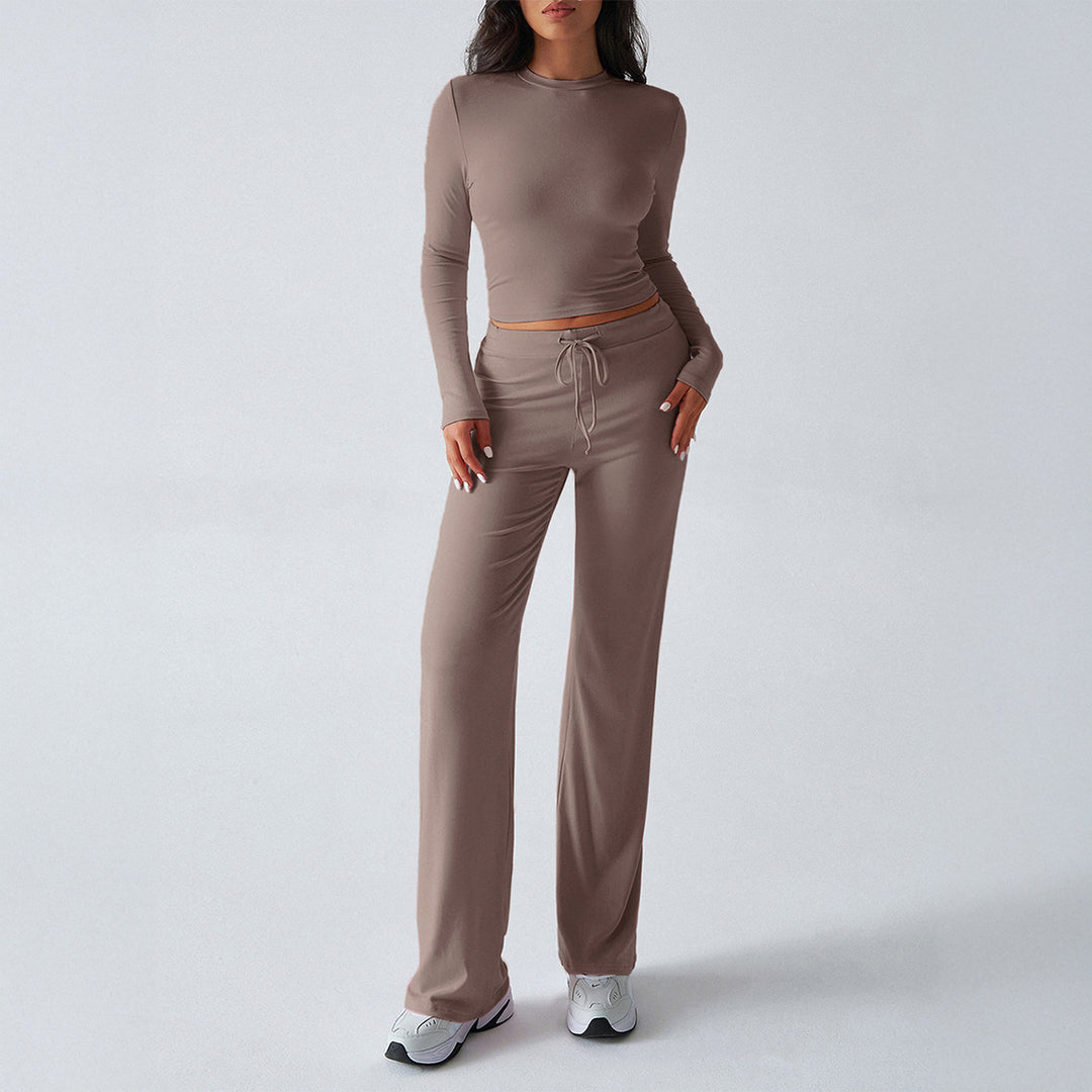 Damen nan tailliertes Longsleeve-Crop-Top und weite Lounge-Hose im Zweiteiler-Set aus Stretchjersey Drune