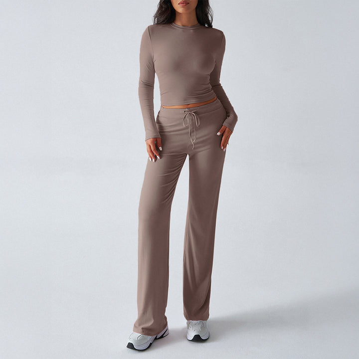Damen nan tailliertes Longsleeve-Crop-Top und weite Lounge-Hose im Zweiteiler-Set aus Stretchjersey Drune