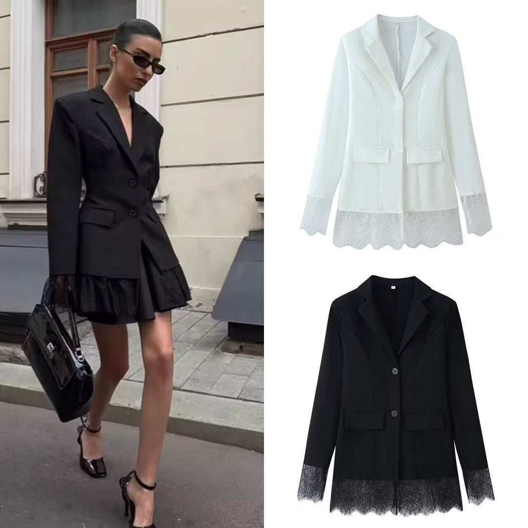 Damen 10+ taillierter Blazer mit Spitzenbesatz und Zwei‑Knopf‑Verschluss Drune