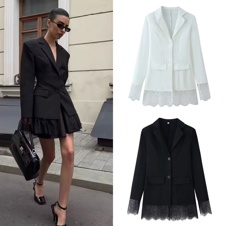 Damen 10+ taillierter Blazer mit Spitzenbesatz und Zwei‑Knopf‑Verschluss Drune