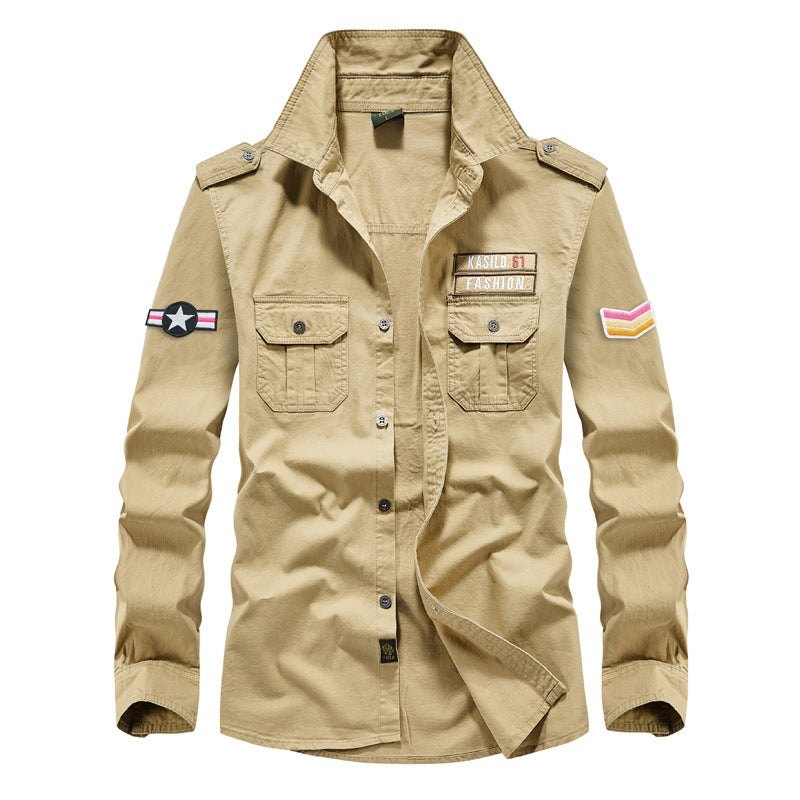 Herren nan militärisches Langarm-Utility-Hemd mit aufgesetzten Brusttaschen, Schulterklappen und dekorativen Stickpatches Drune