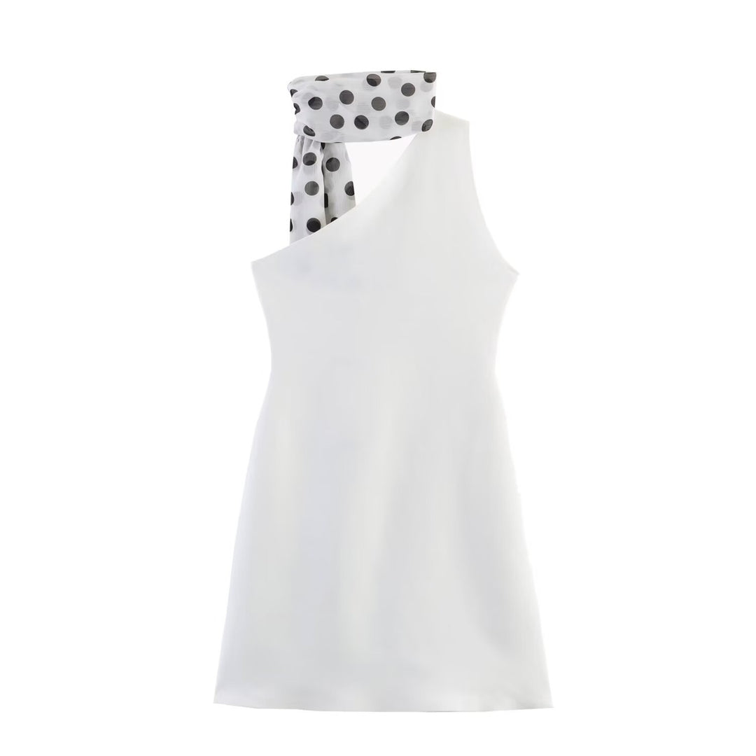 Damen Hängerkleid mit asymmetrischem Ausschnitt und stilvollem Punkteschal Drune