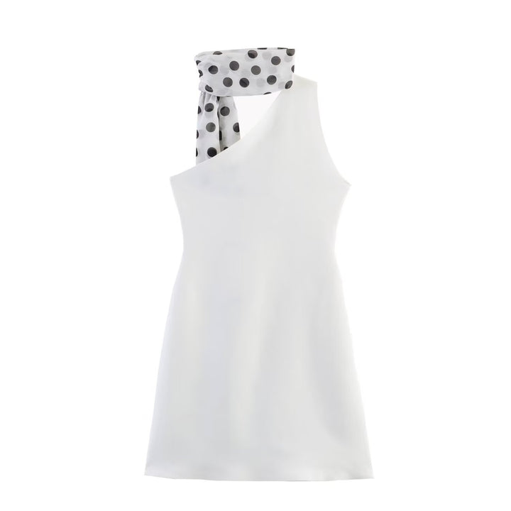 Damen Hängerkleid mit asymmetrischem Ausschnitt und stilvollem Punkteschal Drune