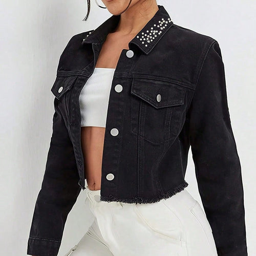 Damen Cropped Jeansjacke mit perlenbesetztem Kragen und rohem FransenSaum Drune