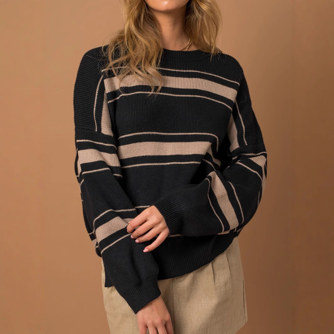 Damen lässiger Strickpullover mit übergroßen Ärmeln und modernen Streifen Drune