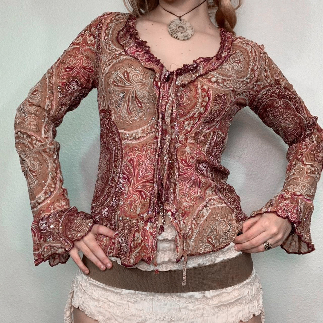 Damen Transparente Mesh-Bluse mit Paisley‑Print, Rüschenkragen, BindDruneand und Glockenärmeln Drune