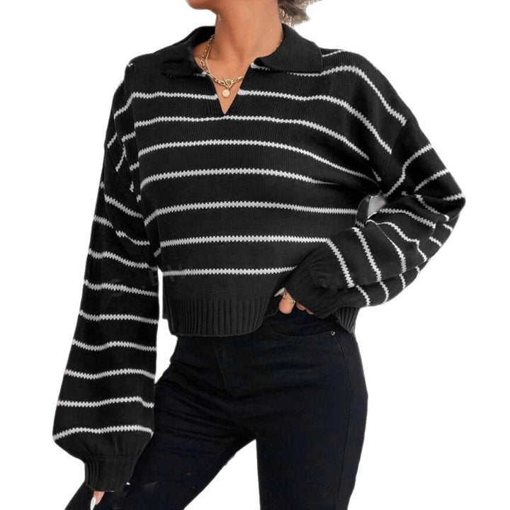 Damen moderner cropped Pullover mit Streifen und tiefem V-Ausschnitt Drune