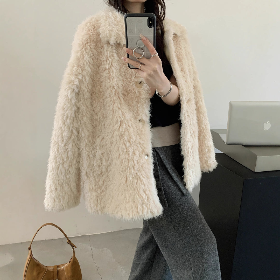 Damen Flauschiger Teddy-Mantel aus Kunstfell mit Hemdkragen und Boxy‑Silhouette Drune