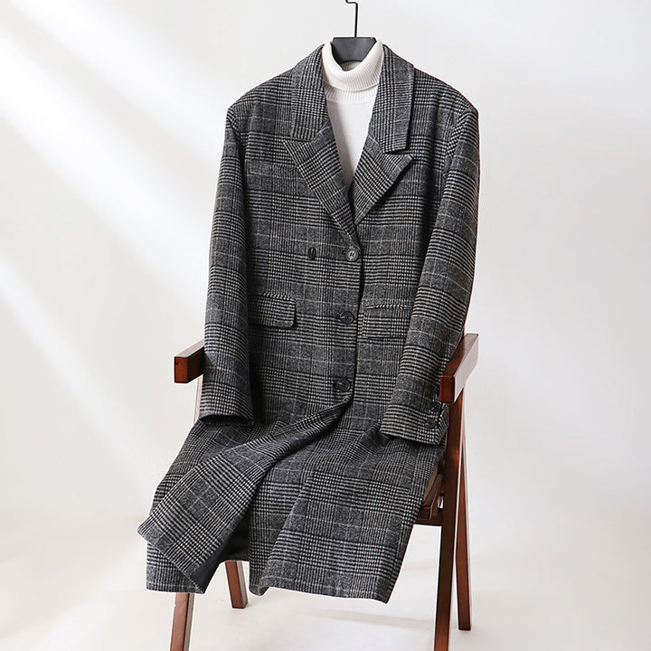 Herren Karierter Longcoat aus Wollmix mit klassischem Revers und geradem Schnitt Drune