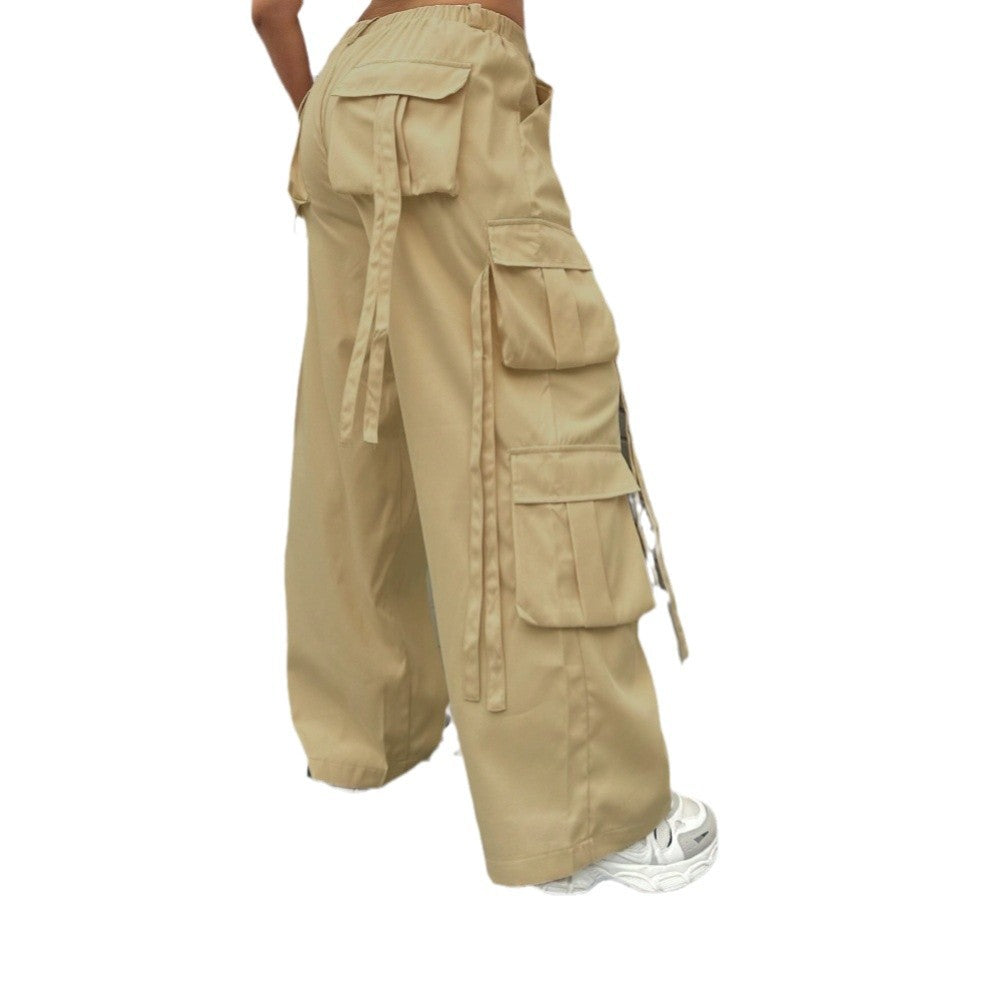 Damen weite Cargo-Hose mit funktionalen Taschen und elastischem Bund Drune